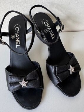 Chanel Black Bow Star Crystal Ankle Strap Heels Size 37 Worn 1X